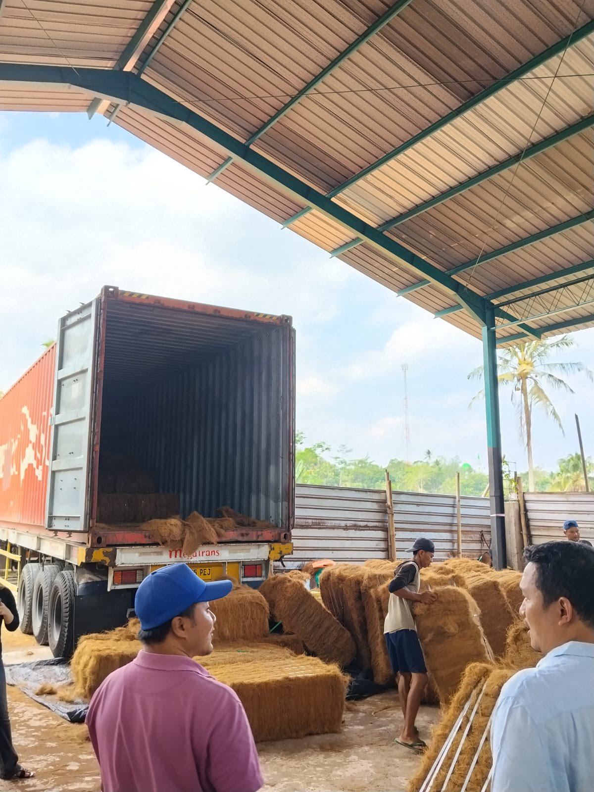 Aktivitas bongkar muat sabut kelapa dari kontainer di gudang